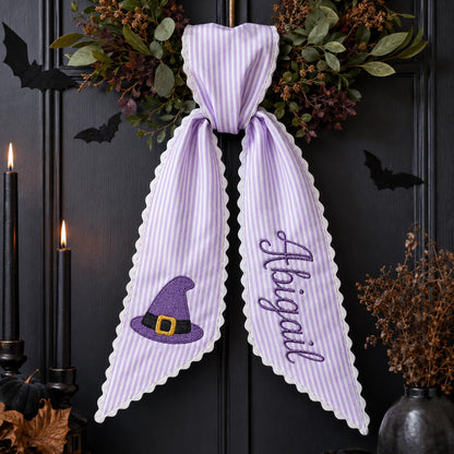Personalized Halloween Wreath Sash, Custom Name Ghost Door Bow, Embroidered Spooky Holiday Decor, Gingham Ribbon