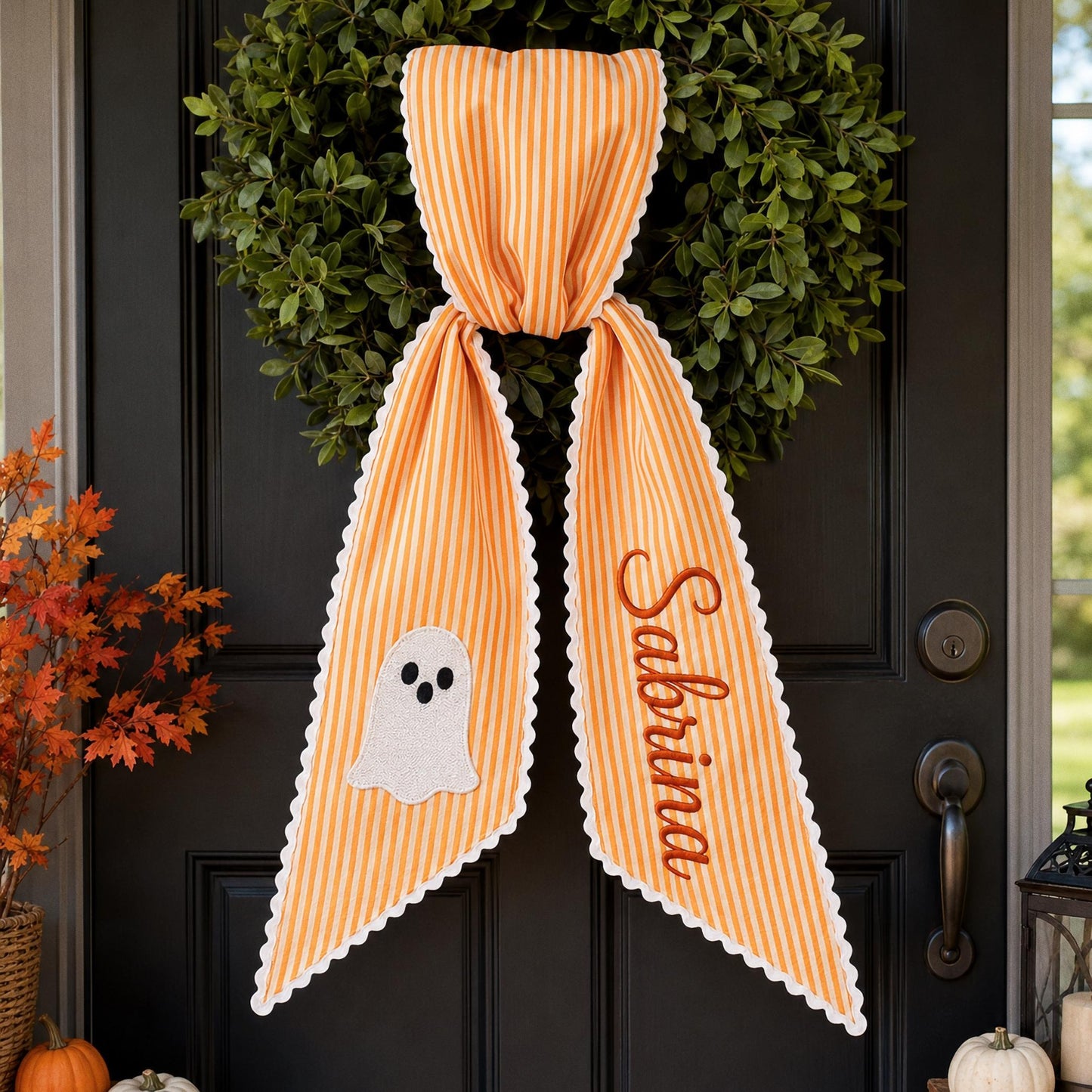 Personalized Halloween Wreath Sash, Custom Name Ghost Door Bow, Embroidered Spooky Holiday Decor, Gingham Ribbon