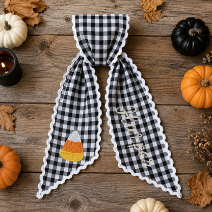 Personalized Halloween Wreath Sash, Custom Name Ghost Door Bow, Embroidered Spooky Holiday Decor, Gingham Ribbon