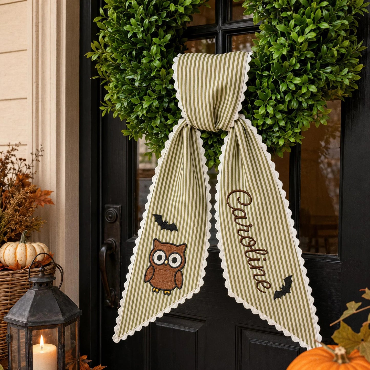 Personalized Halloween Wreath Sash, Custom Name Ghost Door Bow, Embroidered Spooky Holiday Decor, Gingham Ribbon