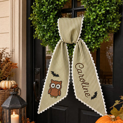 Personalized Halloween Wreath Sash, Custom Name Ghost Door Bow, Embroidered Spooky Holiday Decor, Gingham Ribbon