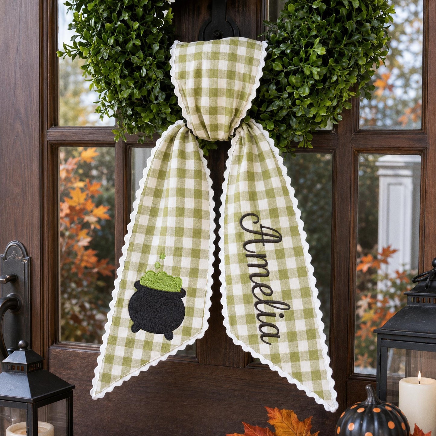 Personalized Halloween Wreath Sash, Custom Name Ghost Door Bow, Embroidered Spooky Holiday Decor, Gingham Ribbon