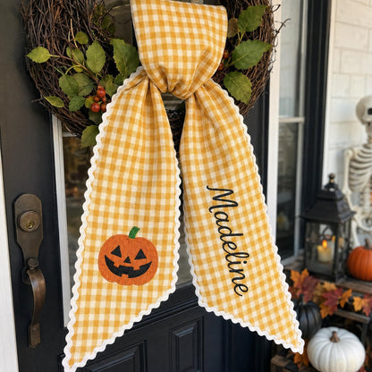 Personalized Halloween Wreath Sash, Custom Name Ghost Door Bow, Embroidered Spooky Holiday Decor, Gingham Ribbon