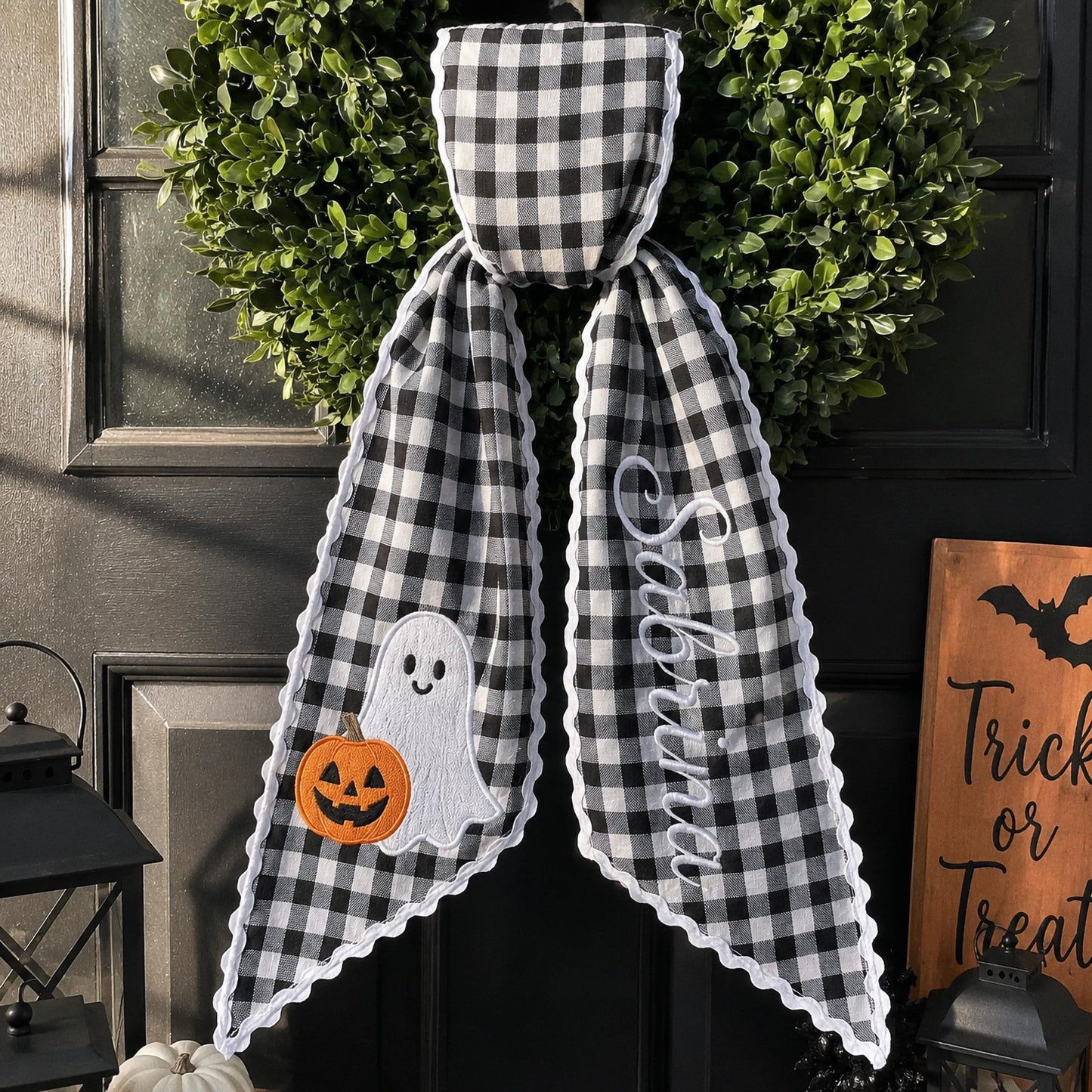 Personalized Halloween Wreath Sash, Custom Name Ghost Door Bow, Embroidered Spooky Holiday Decor, Gingham Ribbon