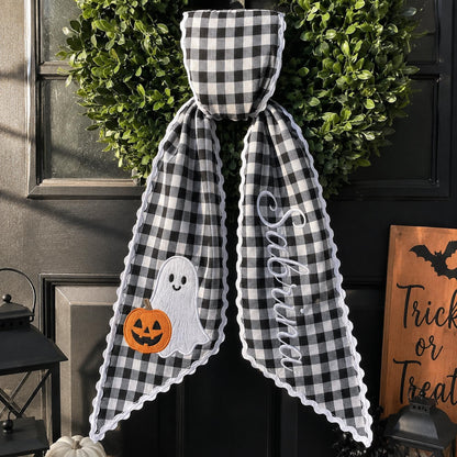 Personalized Halloween Wreath Sash, Custom Name Ghost Door Bow, Embroidered Spooky Holiday Decor, Gingham Ribbon