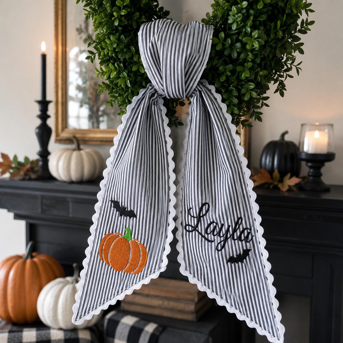 Personalized Halloween Wreath Sash, Custom Name Ghost Door Bow, Embroidered Spooky Holiday Decor, Gingham Ribbon