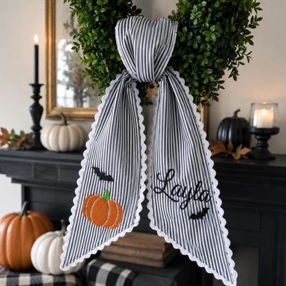 Personalized Halloween Wreath Sash, Custom Name Ghost Door Bow, Embroidered Spooky Holiday Decor, Gingham Ribbon