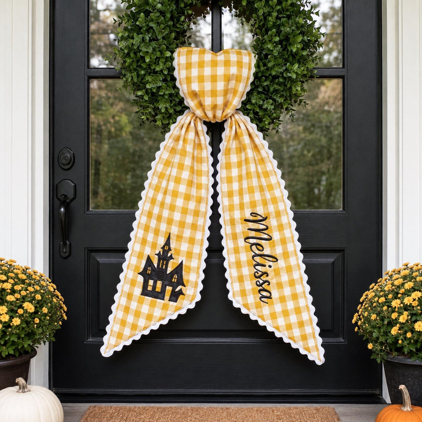 Personalized Halloween Wreath Sash, Custom Name Ghost Door Bow, Embroidered Spooky Holiday Decor, Gingham Ribbon