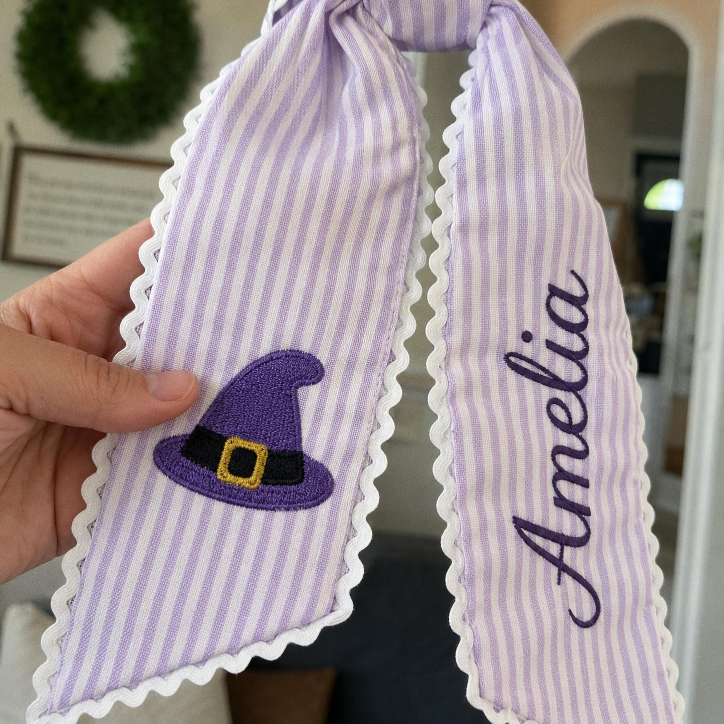 Personalized Halloween Wreath Sash, Custom Name Ghost Door Bow, Embroidered Spooky Holiday Decor, Gingham Ribbon