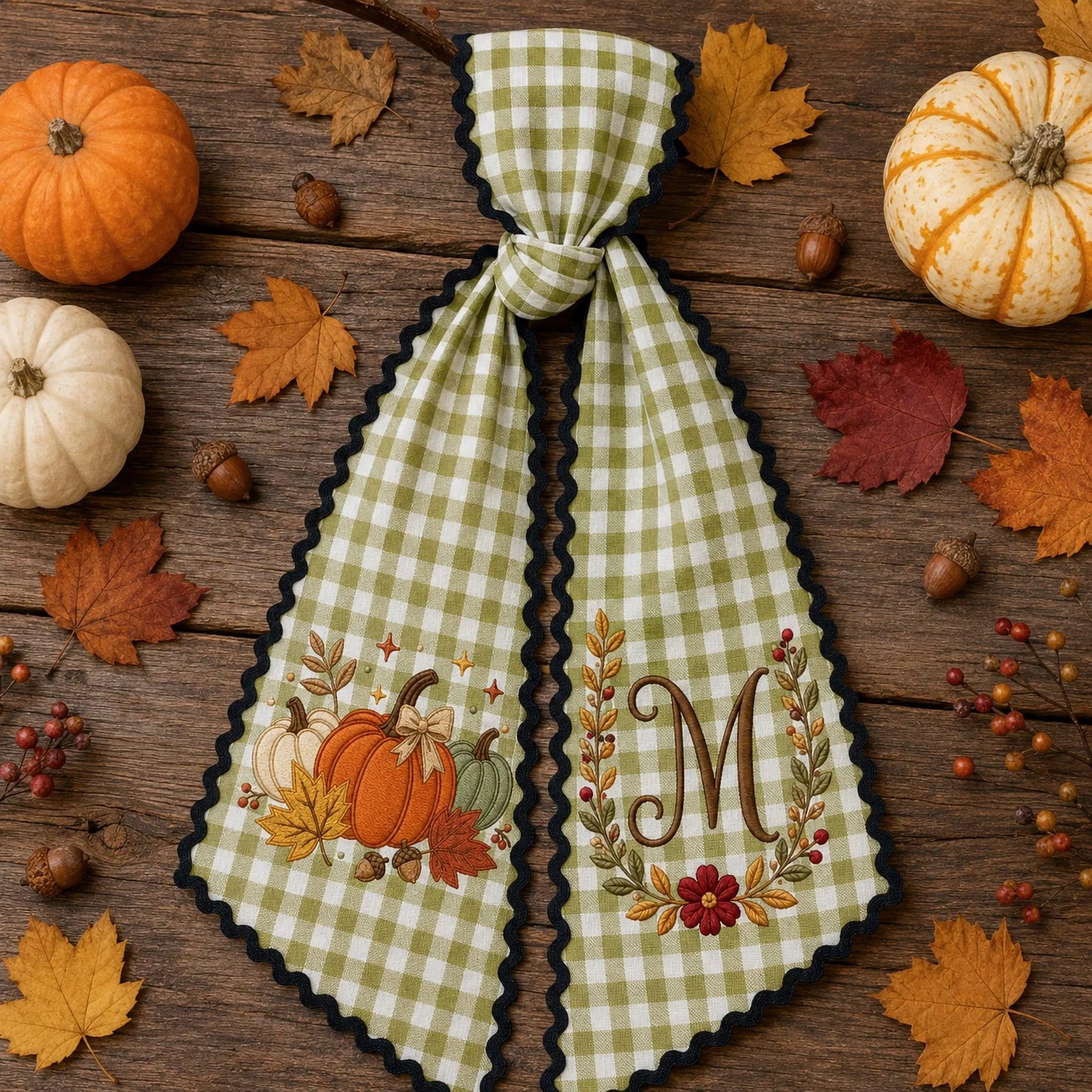 Personalized Pumpkin Wreath Sash, Embroidered Fall Monogram Door Bow, Thanksgiving Front Door Decor, Gingham Harvest Housewarming Gift