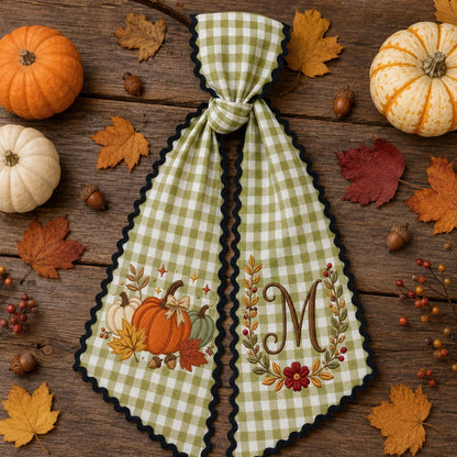 Personalized Pumpkin Wreath Sash, Embroidered Fall Monogram Door Bow, Thanksgiving Front Door Decor, Gingham Harvest Housewarming Gift