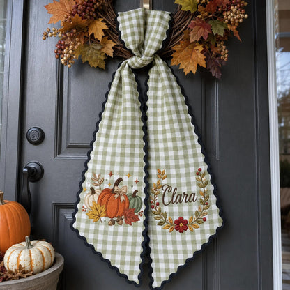 Personalized Pumpkin Wreath Sash, Embroidered Fall Monogram Door Bow, Thanksgiving Front Door Decor, Gingham Harvest Housewarming Gift