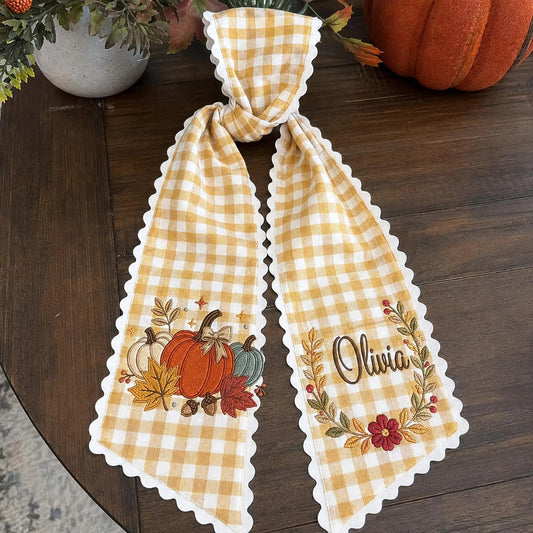 Personalized Pumpkin Wreath Sash, Embroidered Fall Monogram Door Bow, Thanksgiving Front Door Decor, Gingham Harvest Housewarming Gift