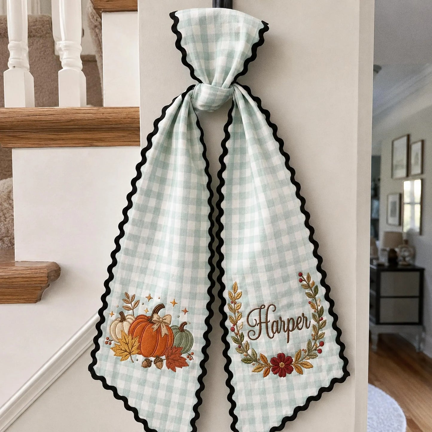 Personalized Pumpkin Wreath Sash, Embroidered Fall Monogram Door Bow, Thanksgiving Front Door Decor, Gingham Harvest Housewarming Gift