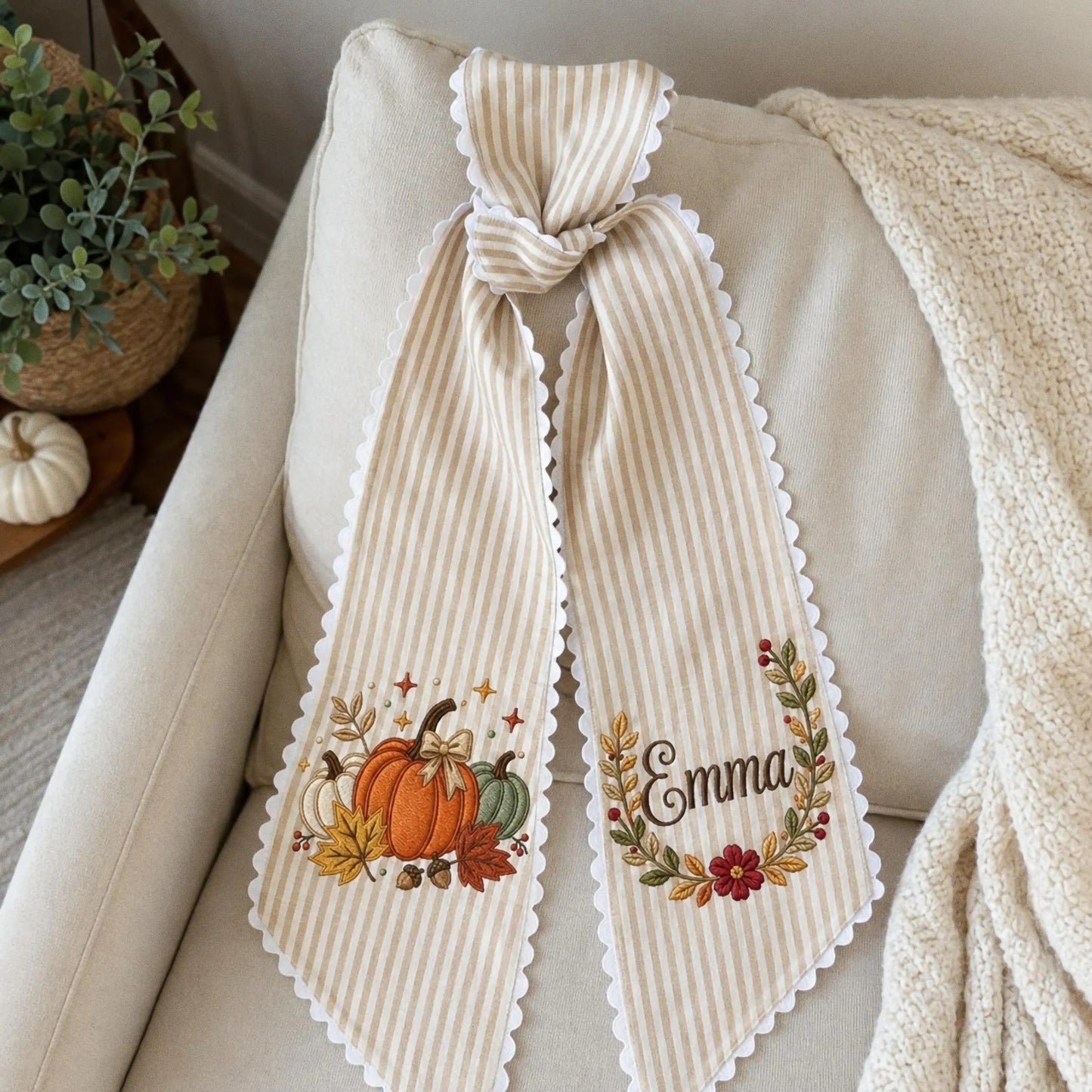 Personalized Pumpkin Wreath Sash, Embroidered Fall Monogram Door Bow, Thanksgiving Front Door Decor, Gingham Harvest Housewarming Gift