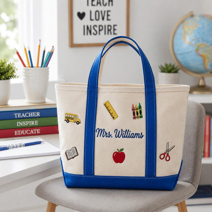 Personalized Teacher Tote Bag, Custom Embroidered Name Canvas Bag, Teacher Appreciation Gift, Back to School Teacher Essentials Work Bag