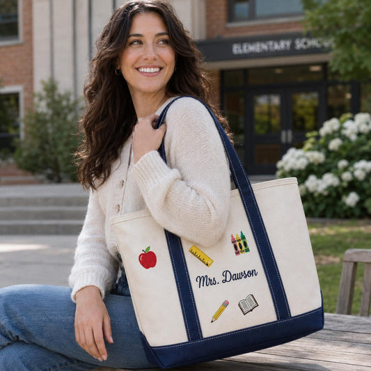 Personalized Teacher Tote Bag, Custom Embroidered Name Canvas Bag, Teacher Appreciation Gift, Back to School Teacher Essentials Work Bag