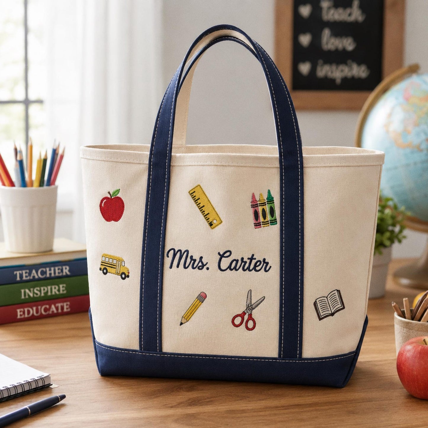 Personalized Teacher Tote Bag, Custom Embroidered Name Canvas Bag, Teacher Appreciation Gift, Back to School Teacher Essentials Work Bag