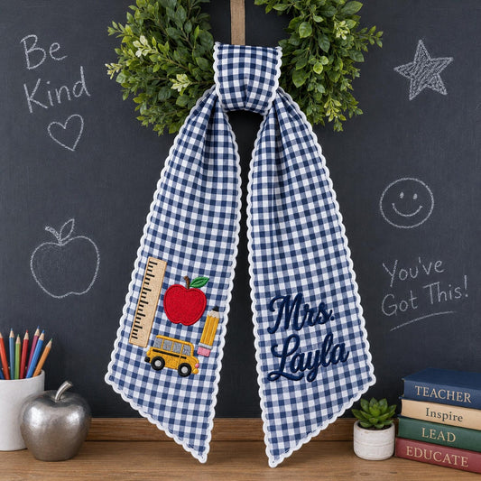 Personalized Teacher Wreath Sash, Custom Name Gingham Door Bow, Embroidered Classroom Decor, Back To School Gift
