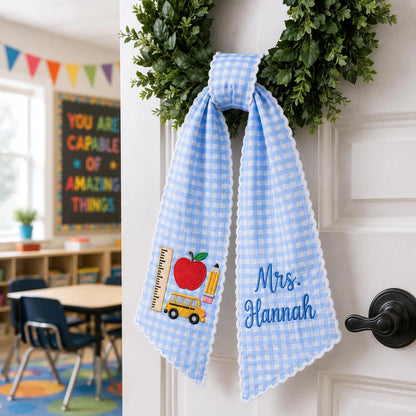 Personalized Teacher Wreath Sash, Custom Name Gingham Door Bow, Embroidered Classroom Decor, Back To School Gift