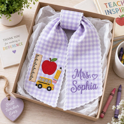 Personalized Teacher Wreath Sash, Custom Name Gingham Door Bow, Embroidered Classroom Decor, Back To School Gift
