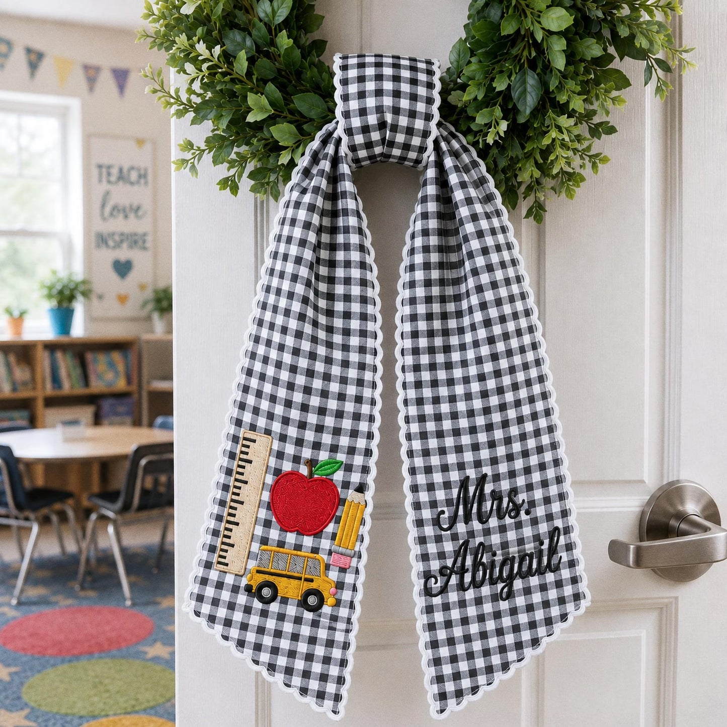 Personalized Teacher Wreath Sash, Custom Name Gingham Door Bow, Embroidered Classroom Decor, Back To School Gift