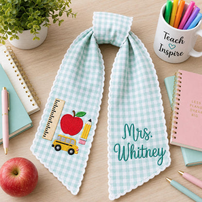 Personalized Teacher Wreath Sash, Custom Name Gingham Door Bow, Embroidered Classroom Decor, Back To School Gift