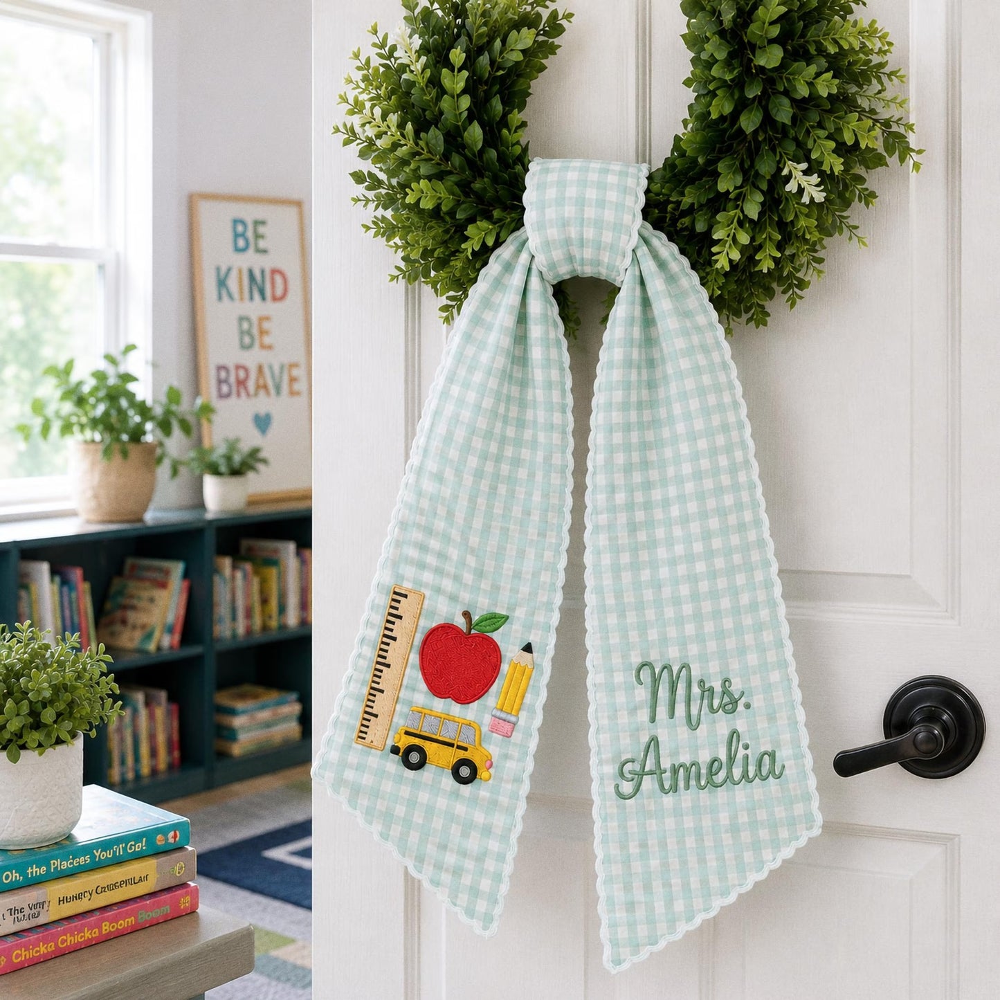 Personalized Teacher Wreath Sash, Custom Name Gingham Door Bow, Embroidered Classroom Decor, Back To School Gift