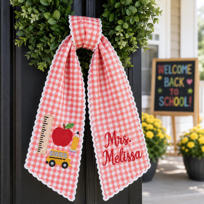 Personalized Teacher Wreath Sash, Custom Name Gingham Door Bow, Embroidered Classroom Decor, Back To School Gift
