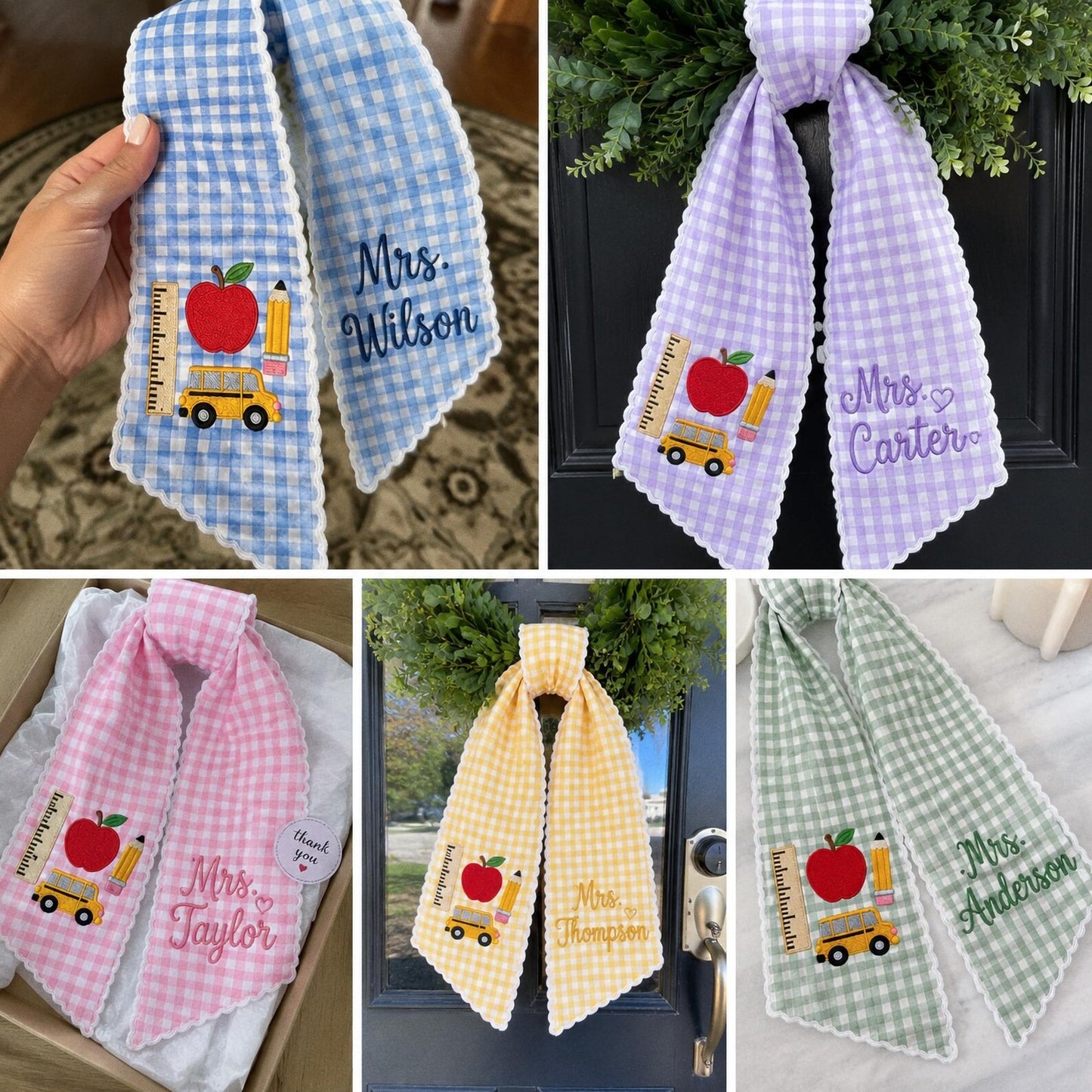 Personalized Teacher Wreath Sash, Custom Name Gingham Door Bow, Embroidered Classroom Decor, Back To School Gift