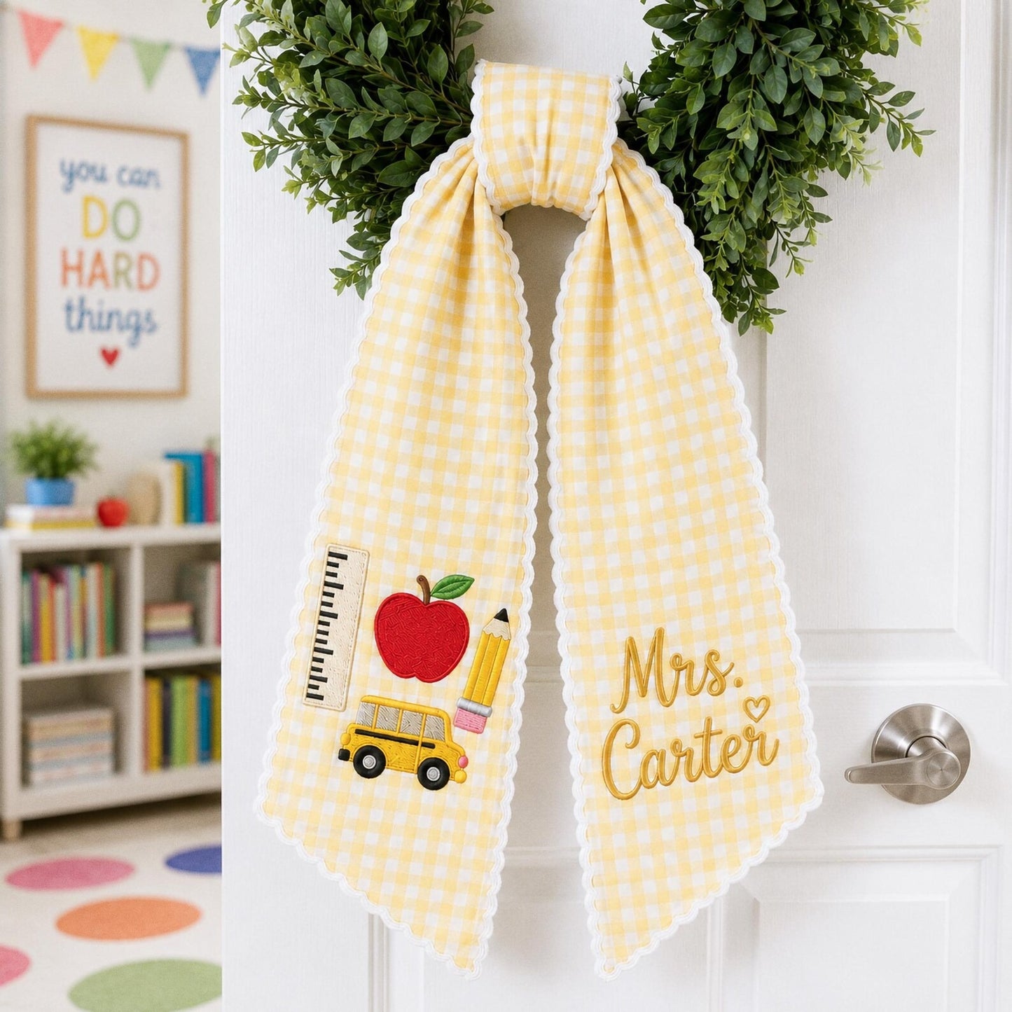 Personalized Teacher Wreath Sash, Custom Name Gingham Door Bow, Embroidered Classroom Decor, Back To School Gift