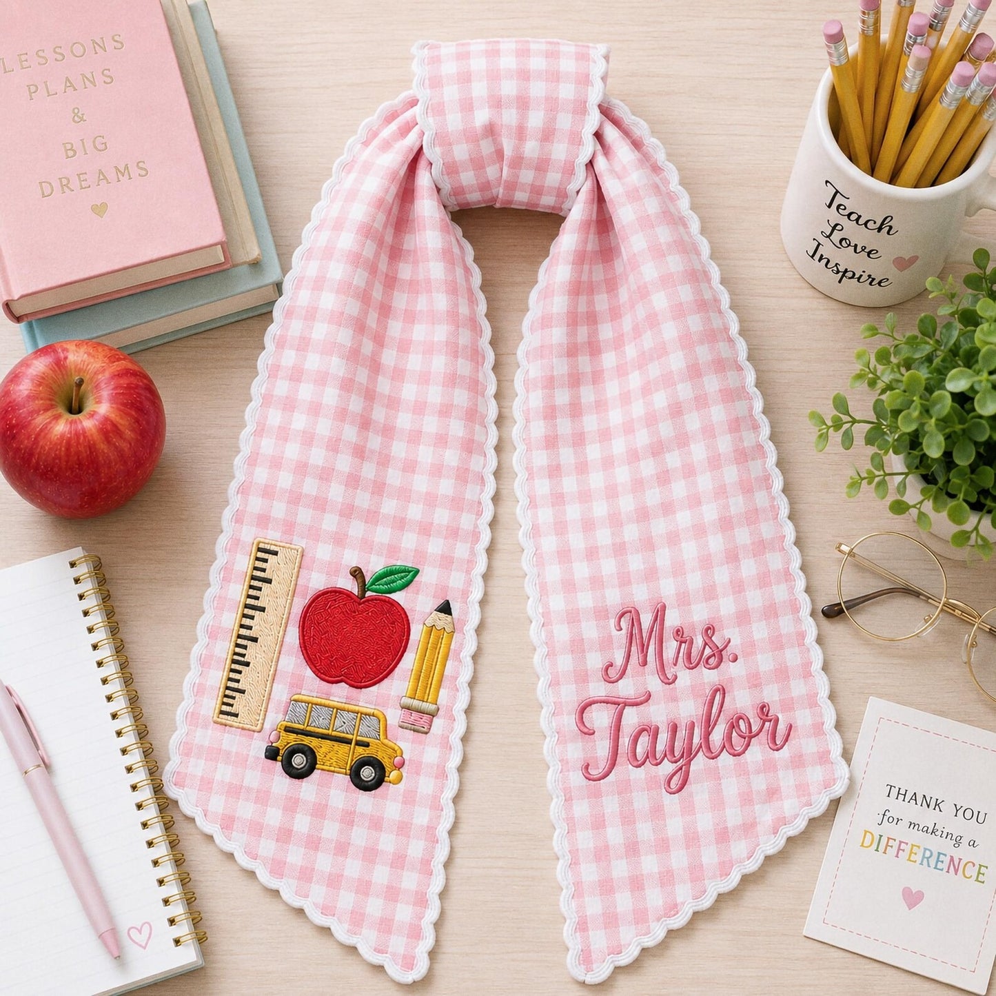 Personalized Teacher Wreath Sash, Custom Name Gingham Door Bow, Embroidered Classroom Decor, Back To School Gift