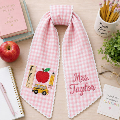 Personalized Teacher Wreath Sash, Custom Name Gingham Door Bow, Embroidered Classroom Decor, Back To School Gift