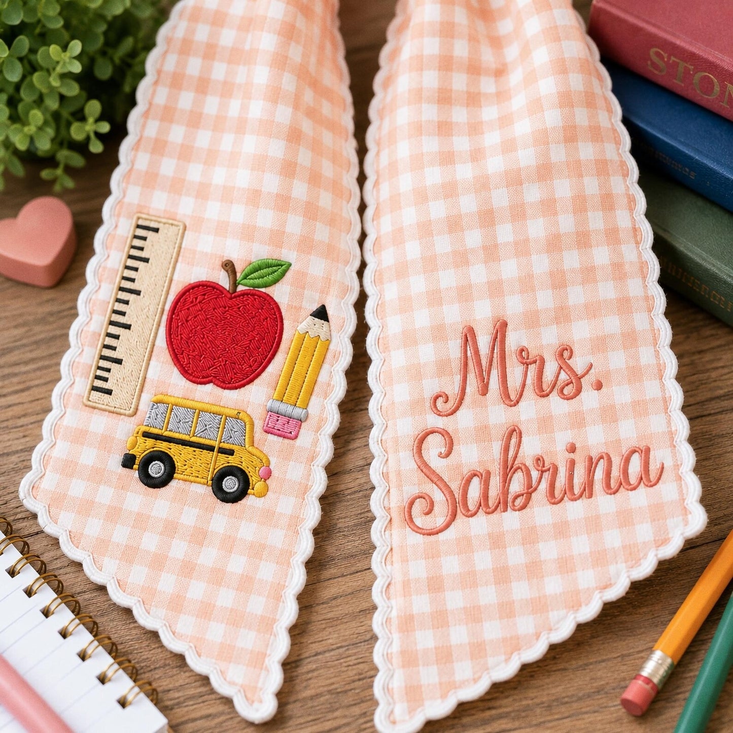 Personalized Teacher Wreath Sash, Custom Name Gingham Door Bow, Embroidered Classroom Decor, Back To School Gift