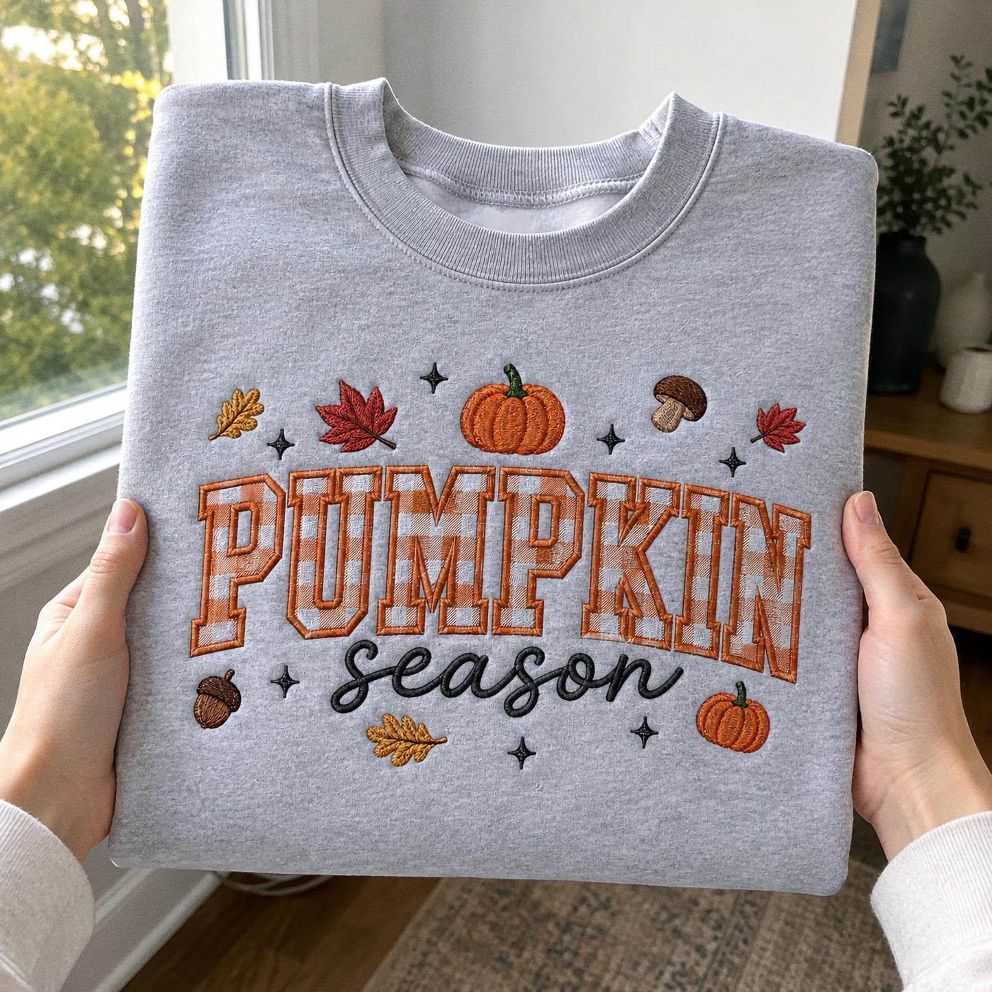 Pumpkin Season Embroidered Sweatshirt, Fall Gingham Applique Crewneck, Cottagecore Autumn Pullover, Cozy Thanksgiving Shirt