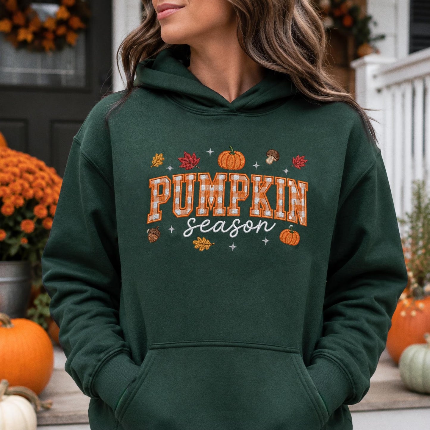 Pumpkin Season Embroidered Sweatshirt, Fall Gingham Applique Crewneck, Cottagecore Autumn Pullover, Cozy Thanksgiving Shirt