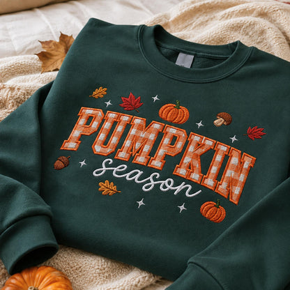 Pumpkin Season Embroidered Sweatshirt, Fall Gingham Applique Crewneck, Cottagecore Autumn Pullover, Cozy Thanksgiving Shirt