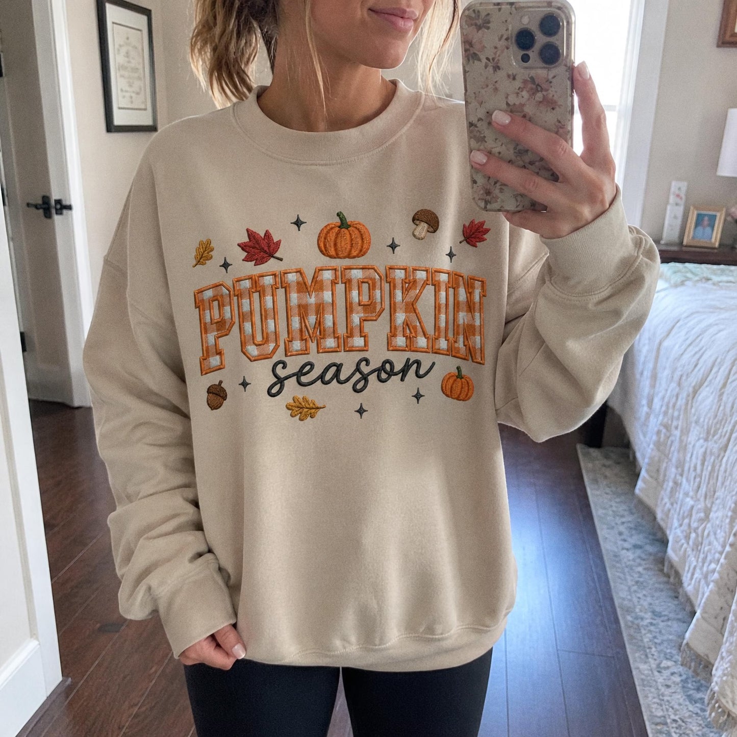 Pumpkin Season Embroidered Sweatshirt, Fall Gingham Applique Crewneck, Cottagecore Autumn Pullover, Cozy Thanksgiving Shirt