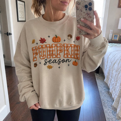 Pumpkin Season Embroidered Sweatshirt, Fall Gingham Applique Crewneck, Cottagecore Autumn Pullover, Cozy Thanksgiving Shirt