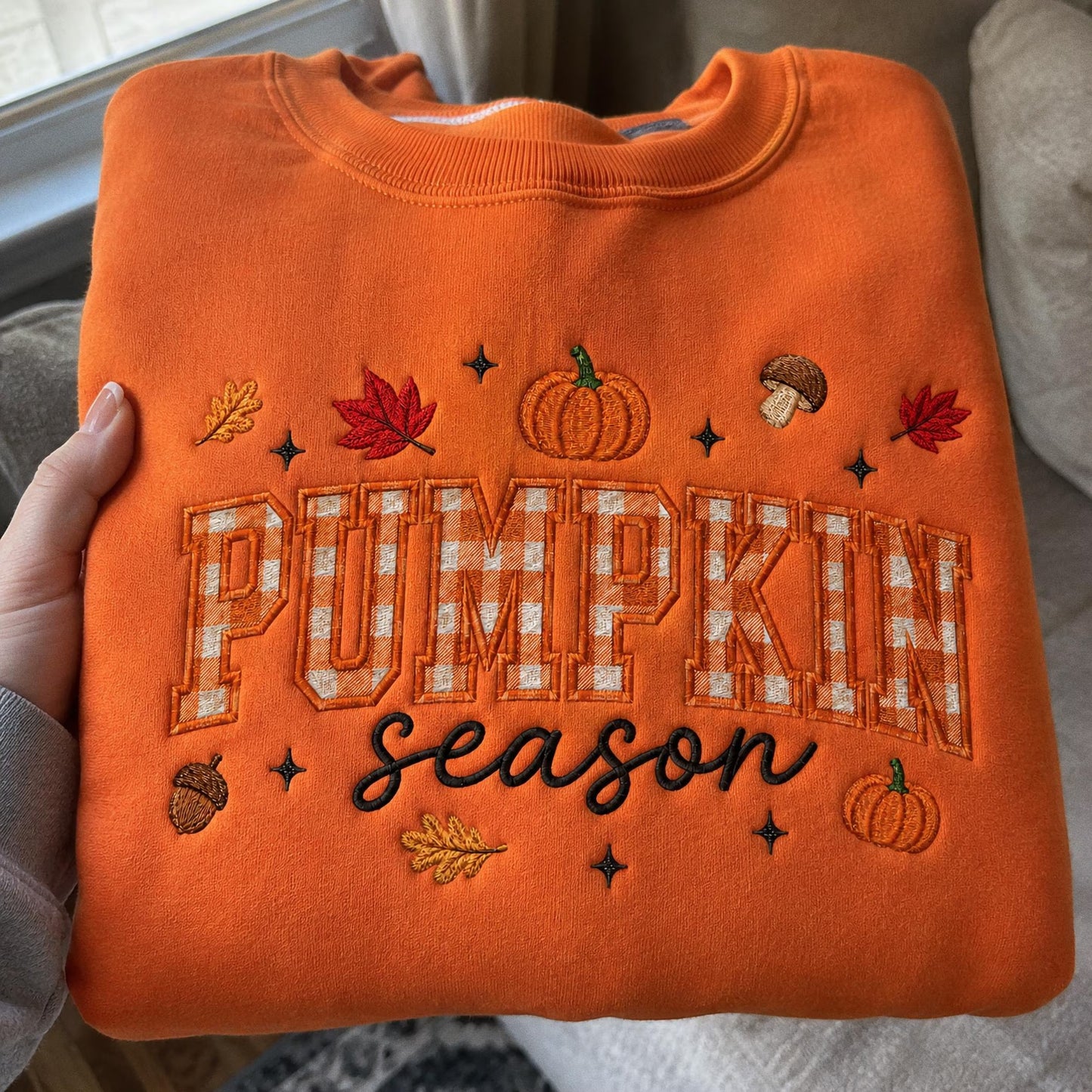 Pumpkin Season Embroidered Sweatshirt, Fall Gingham Applique Crewneck, Cottagecore Autumn Pullover, Cozy Thanksgiving Shirt