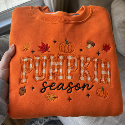 Pumpkin Season Embroidered Sweatshirt, Fall Gingham Applique Crewneck, Cottagecore Autumn Pullover, Cozy Thanksgiving Shirt