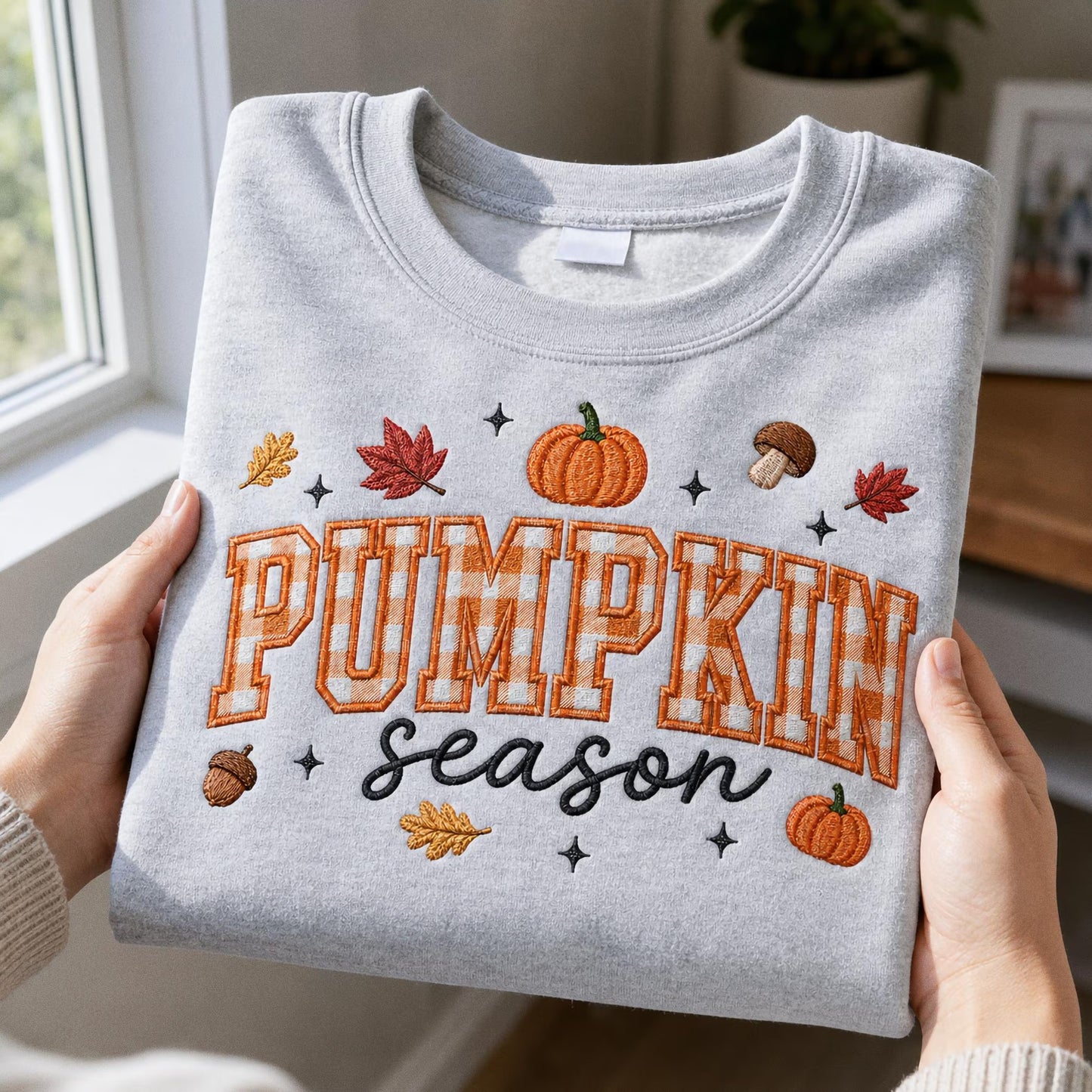 Pumpkin Season Embroidered Sweatshirt, Fall Gingham Applique Crewneck, Cottagecore Autumn Pullover, Cozy Thanksgiving Shirt