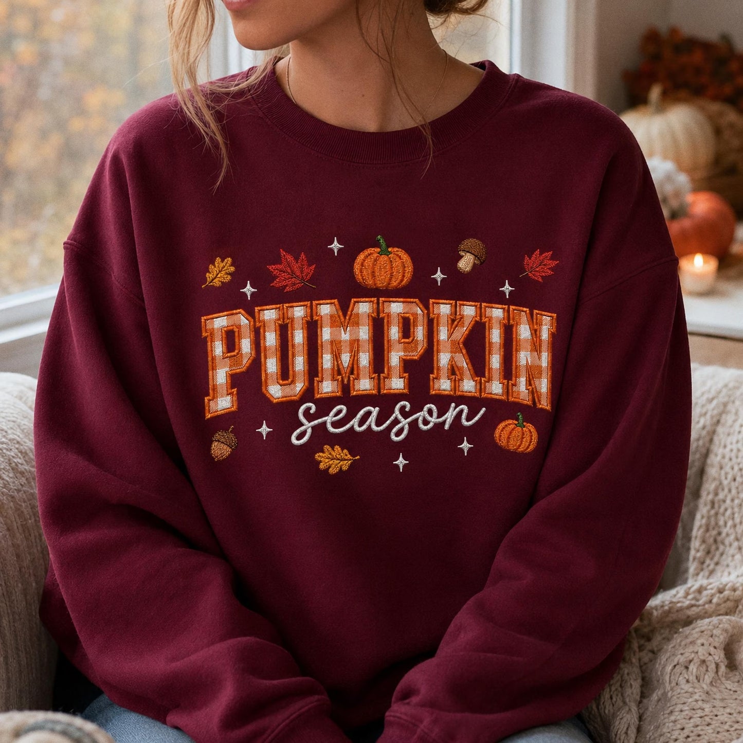 Pumpkin Season Embroidered Sweatshirt, Fall Gingham Applique Crewneck, Cottagecore Autumn Pullover, Cozy Thanksgiving Shirt