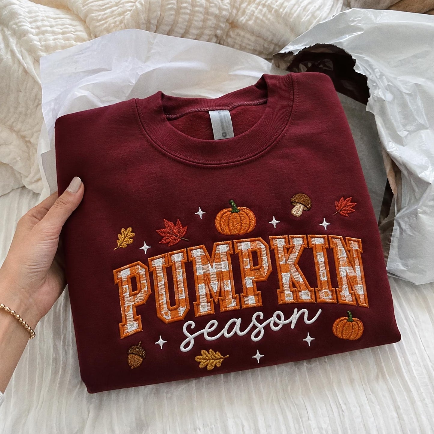 Pumpkin Season Embroidered Sweatshirt, Fall Gingham Applique Crewneck, Cottagecore Autumn Pullover, Cozy Thanksgiving Shirt