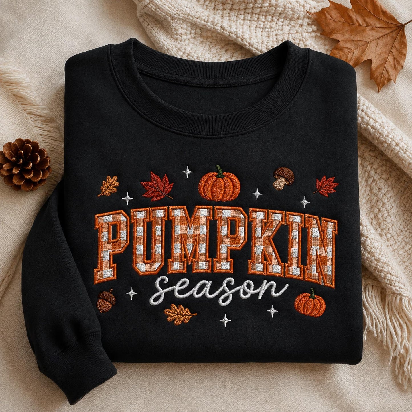 Pumpkin Season Embroidered Sweatshirt, Fall Gingham Applique Crewneck, Cottagecore Autumn Pullover, Cozy Thanksgiving Shirt