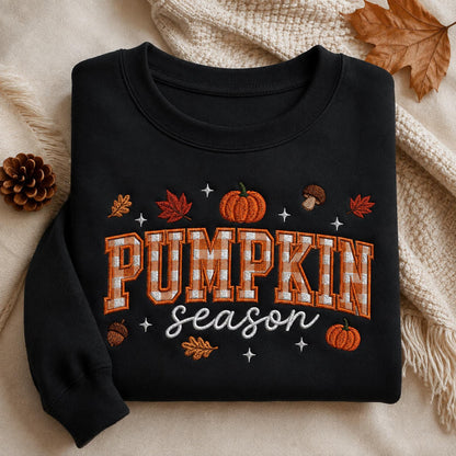 Pumpkin Season Embroidered Sweatshirt, Fall Gingham Applique Crewneck, Cottagecore Autumn Pullover, Cozy Thanksgiving Shirt