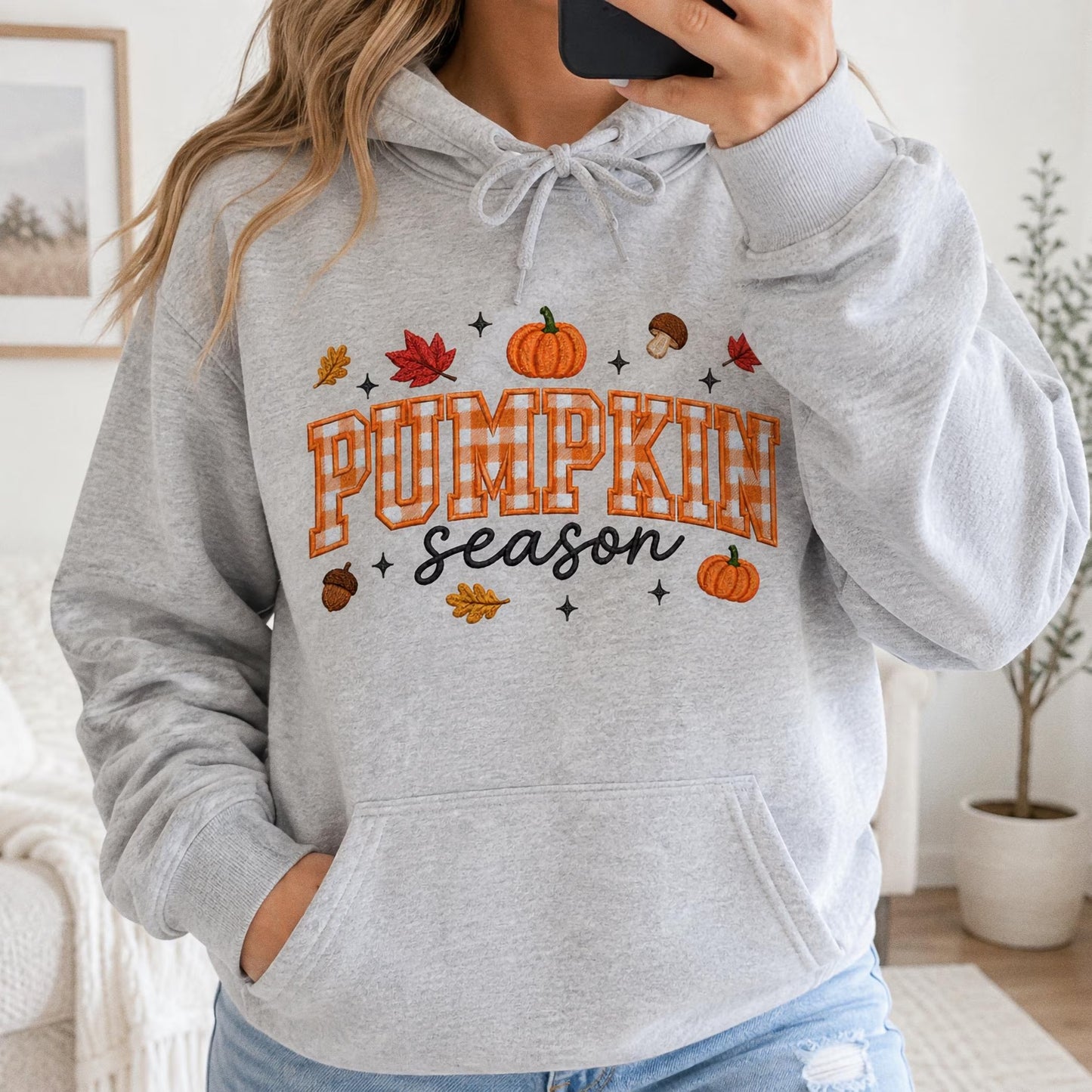 Pumpkin Season Embroidered Sweatshirt, Fall Gingham Applique Crewneck, Cottagecore Autumn Pullover, Cozy Thanksgiving Shirt
