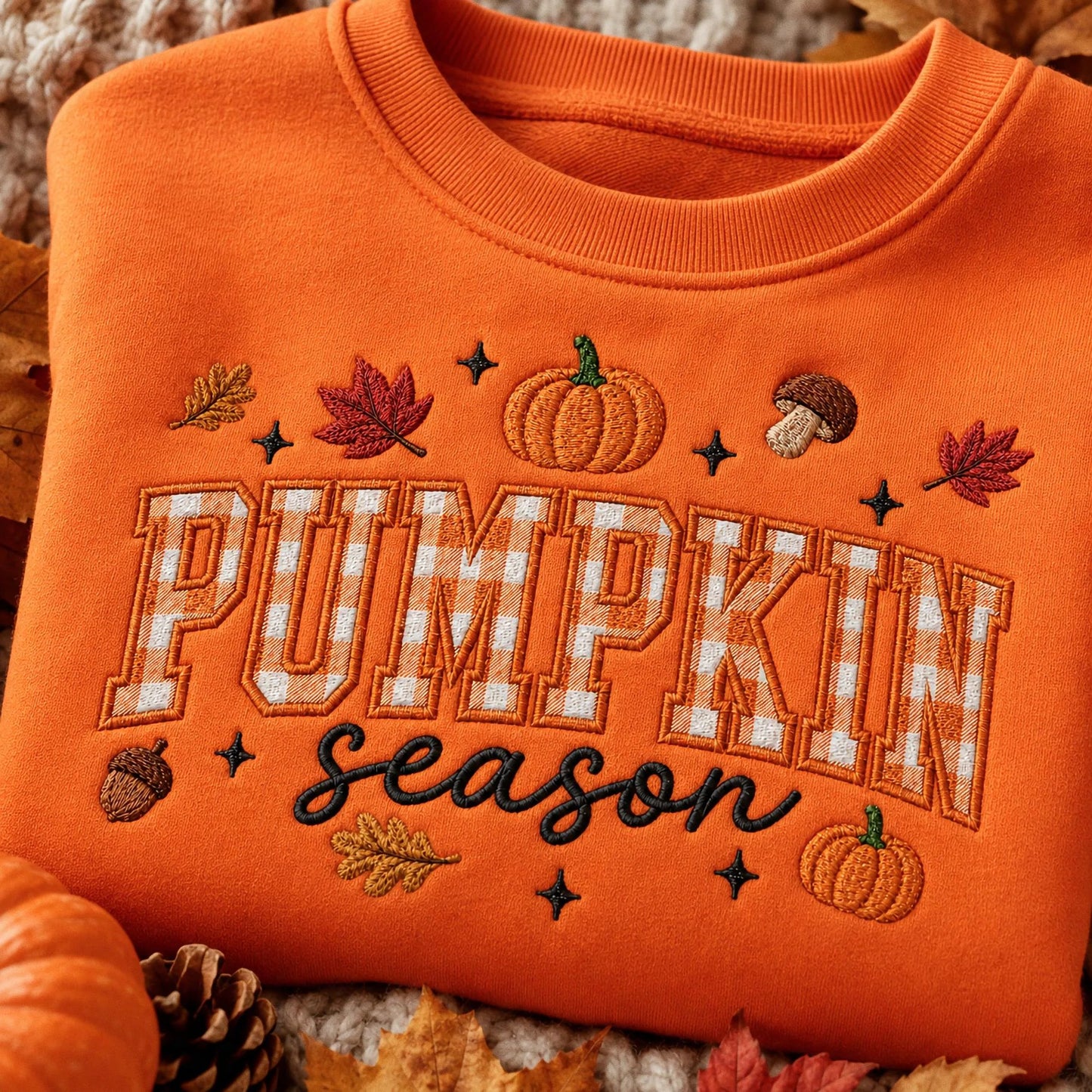 Pumpkin Season Embroidered Sweatshirt, Fall Gingham Applique Crewneck, Cottagecore Autumn Pullover, Cozy Thanksgiving Shirt