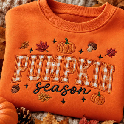 Pumpkin Season Embroidered Sweatshirt, Fall Gingham Applique Crewneck, Cottagecore Autumn Pullover, Cozy Thanksgiving Shirt