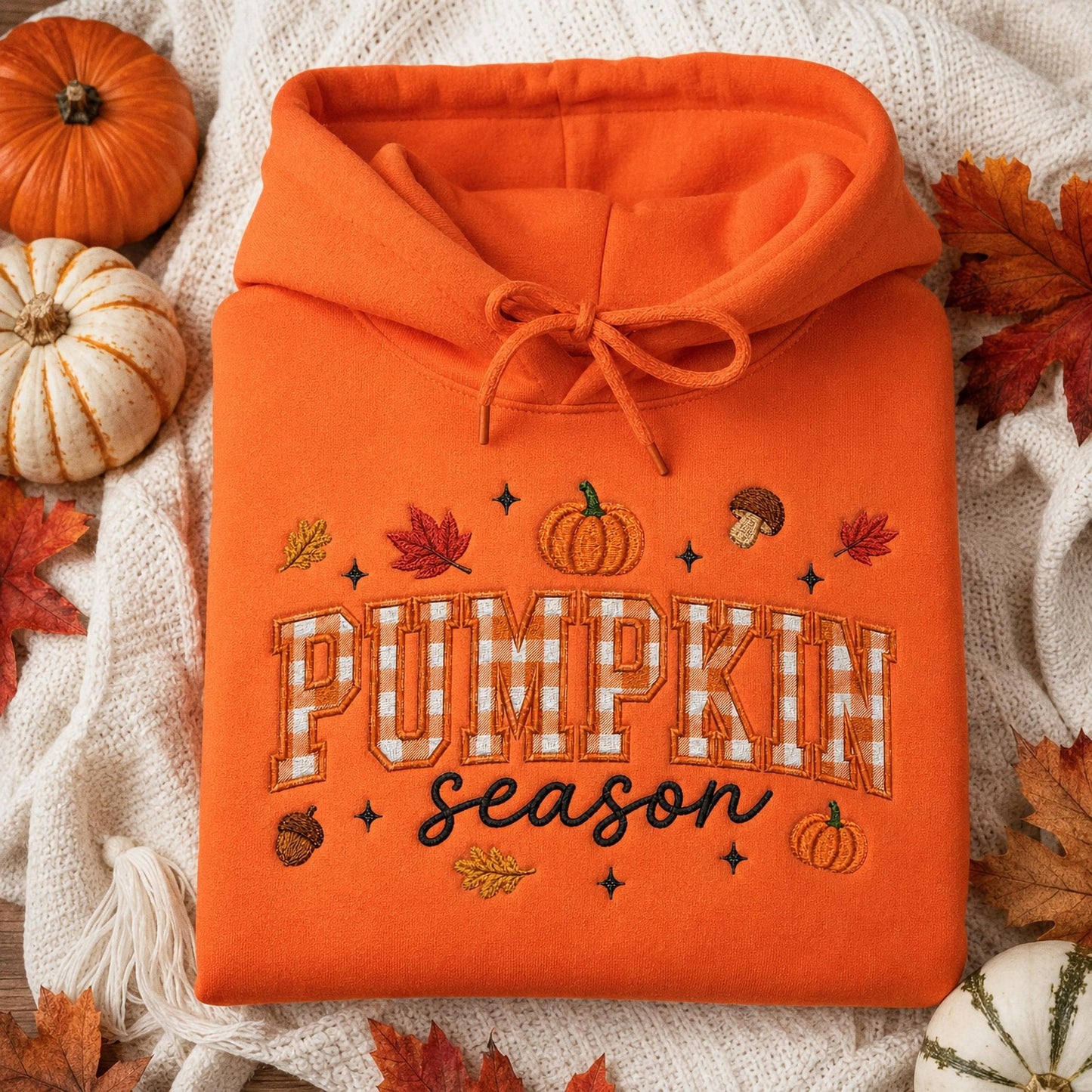 Pumpkin Season Embroidered Sweatshirt, Fall Gingham Applique Crewneck, Cottagecore Autumn Pullover, Cozy Thanksgiving Shirt